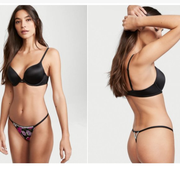 VS Very Sexy Bombshell Shine V-String Panty Purple Black Floral Thong NWT - Picture 7 of 16